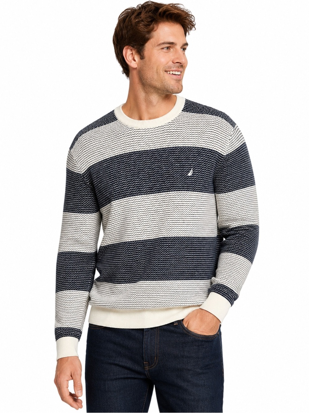 Nautica Striped Textured Crewneck Sweater Cotton Blend Navy Ivory XL